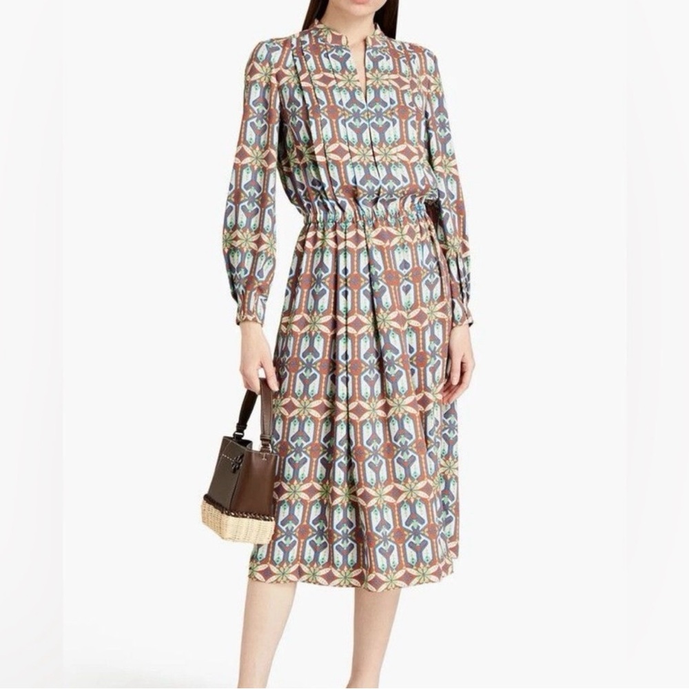 Tory Burch Garden Maze Printed Pleated Midi Dress Size 2
